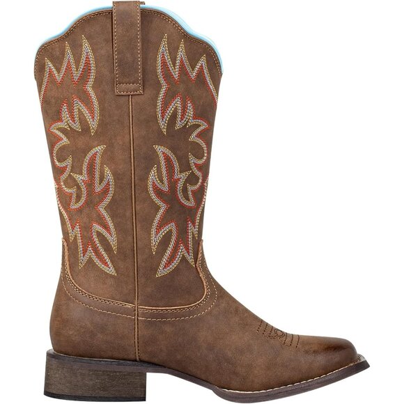 J's.o.l.e Women Brown Cowboy Boot Square Mid Calf Pull On Fashion Embroidered - Picture 8 of 9